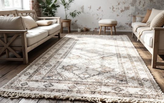 Un tapis scandinave dans un intérieur rustique : l’élégance du contraste